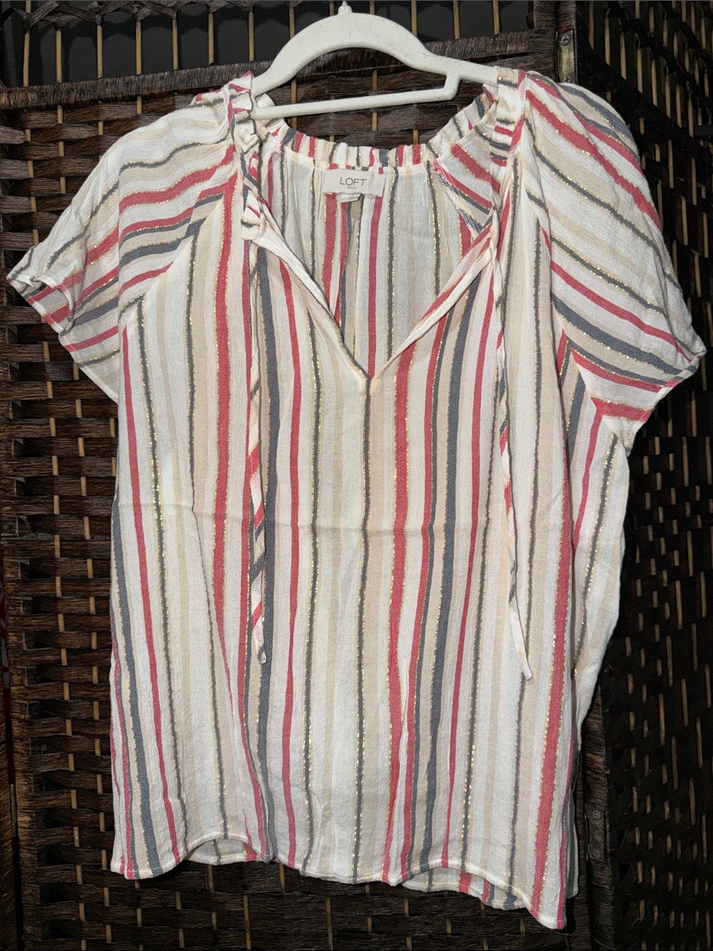LOFT Cream Blouse with Red & Gray Stripes and Tie Neck